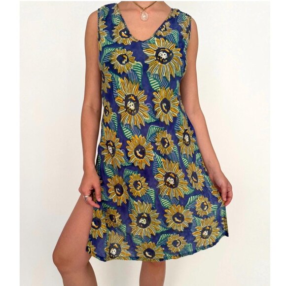 90s vintage sunflower print boho summer vacation sheer cotton top coverup dress - Picture 1 of 10